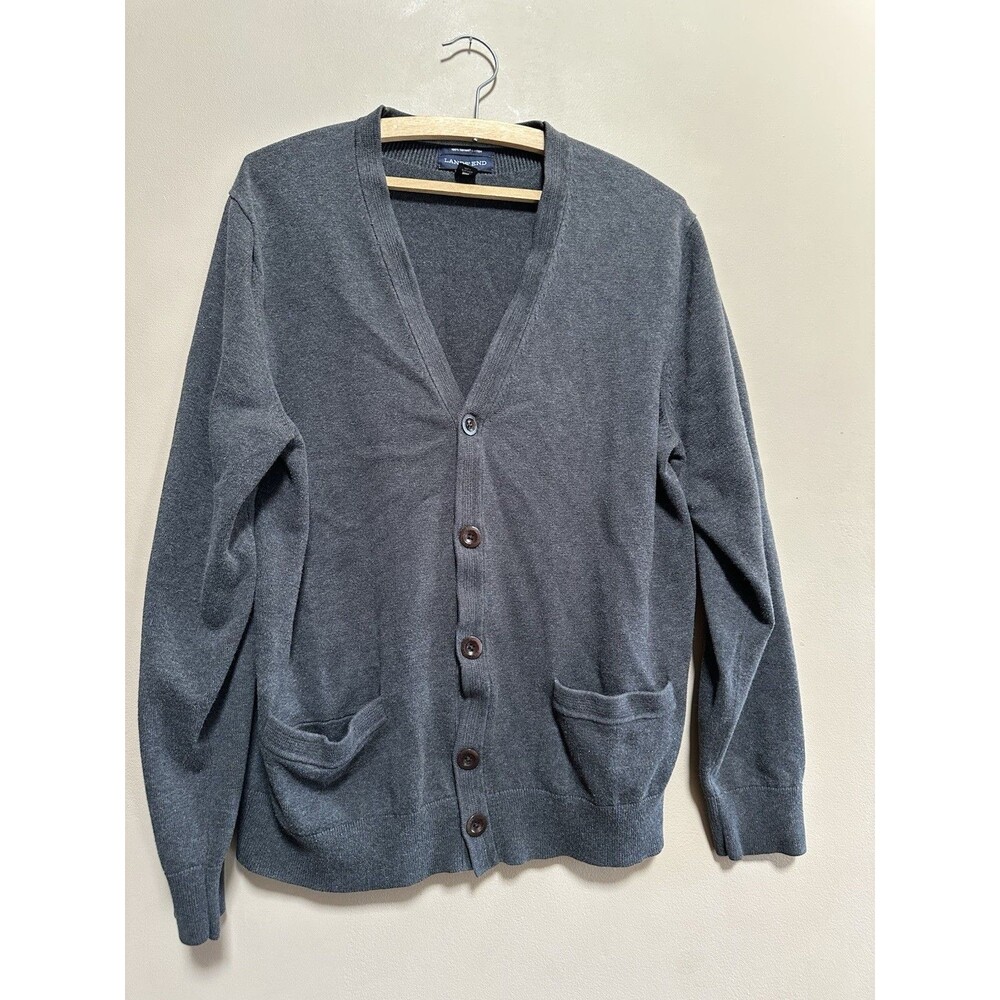 Land's End Sweater Mens Large Gray V Neck Button‎ Front Cotton Cardigan Grandpa